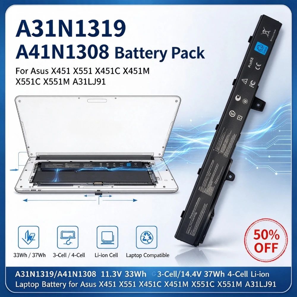 A31N1319/A41N1308 11.3V 33Wh 3-Cell/14.4V 37Wh 4-Cell Li-ion Laptop Battery for Asus X451 X551 X451C X451M X551C A31LJ91 X551M