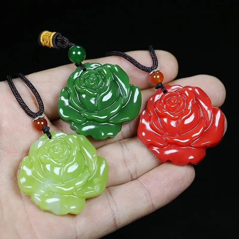 

Authentic Hetian Jade Rose Pendant with Multi Color Blossoming Wealth and Wealth Necklaces Holiday Gift for Women and Mothers