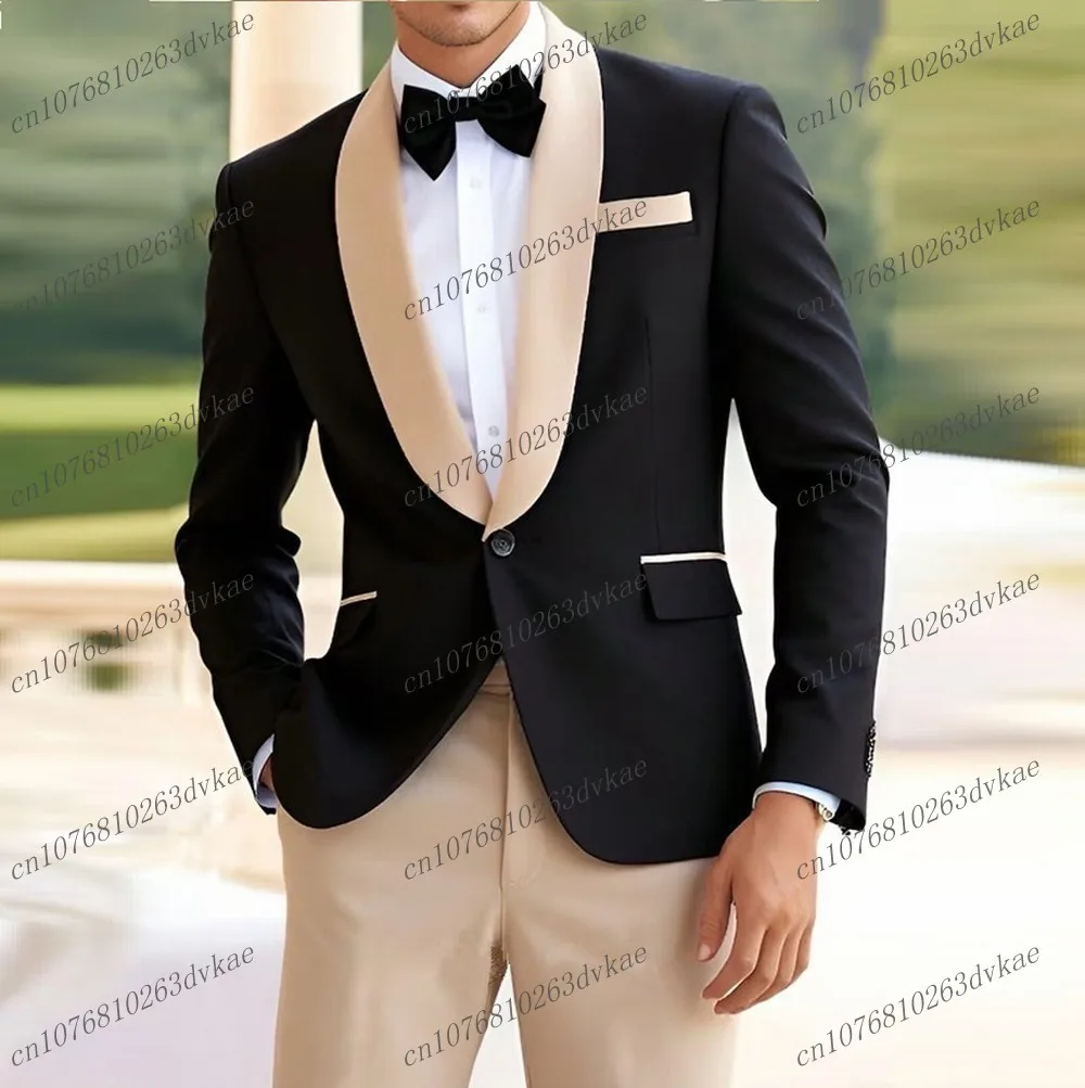 

Black And Beige Men Suit Groom Groomsman Wedding Party Prom Formal Occasion Business Tuxedos 2 Piece Set Blazer Pants