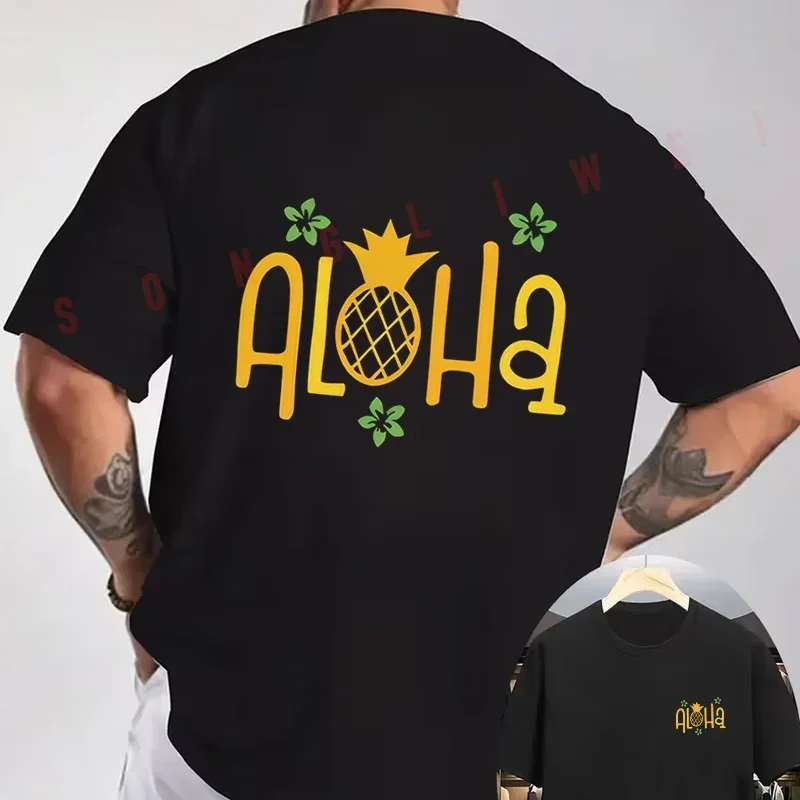 ALOHA Pineapple Tuberose Hawaiian Vacation Creative Print Motorcycle Double-Sided Print T-Shirt Men Short Sleeve Tops