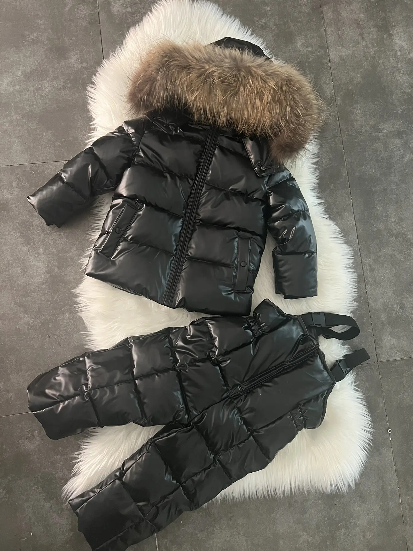 

New Winter Jacket Children down Jackets & Pant 2023 Child duck down Fur hooded girl snowsuit boy Suit set outerwear ski suit