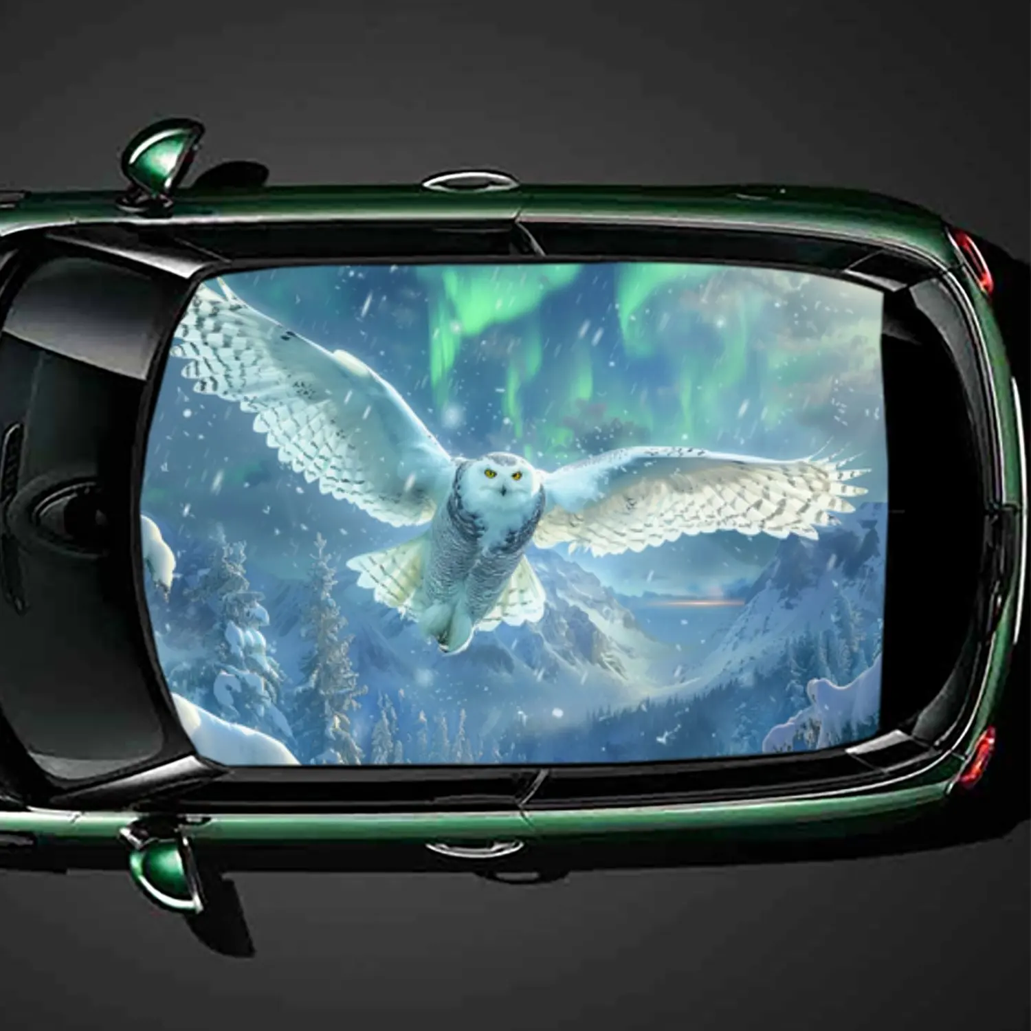 Snowy Owl Flying, Aurora Over Snowy Mountains PVC Car Roof Vinyl Wrap, Self-Adhesive Waterproof Automotive Sticker, Anti-Scratch