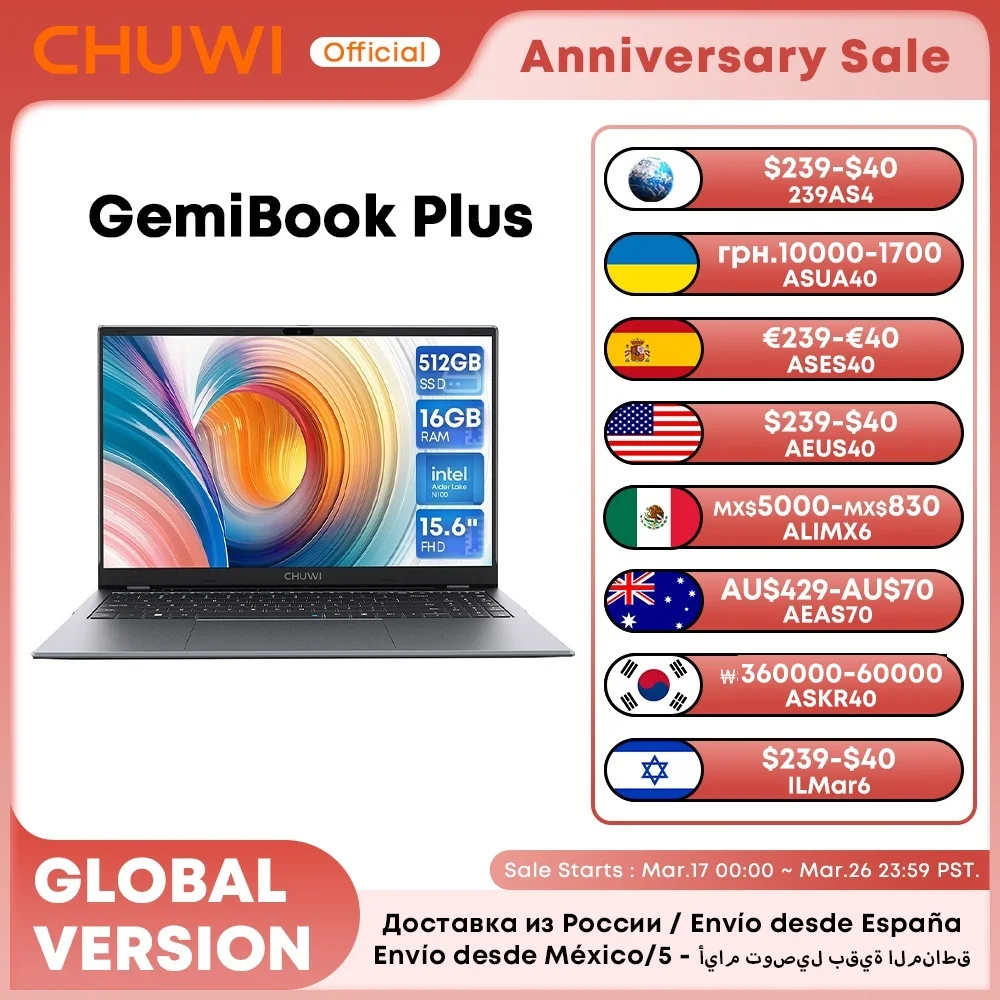 CHUWI GemiBook Plus 15,6-inch laptop 16 GB RAM 512 GB SSD Computer Windows 11-laptop 12e generatie Intel Alder Lake N100 (tot 3,4 GHz)