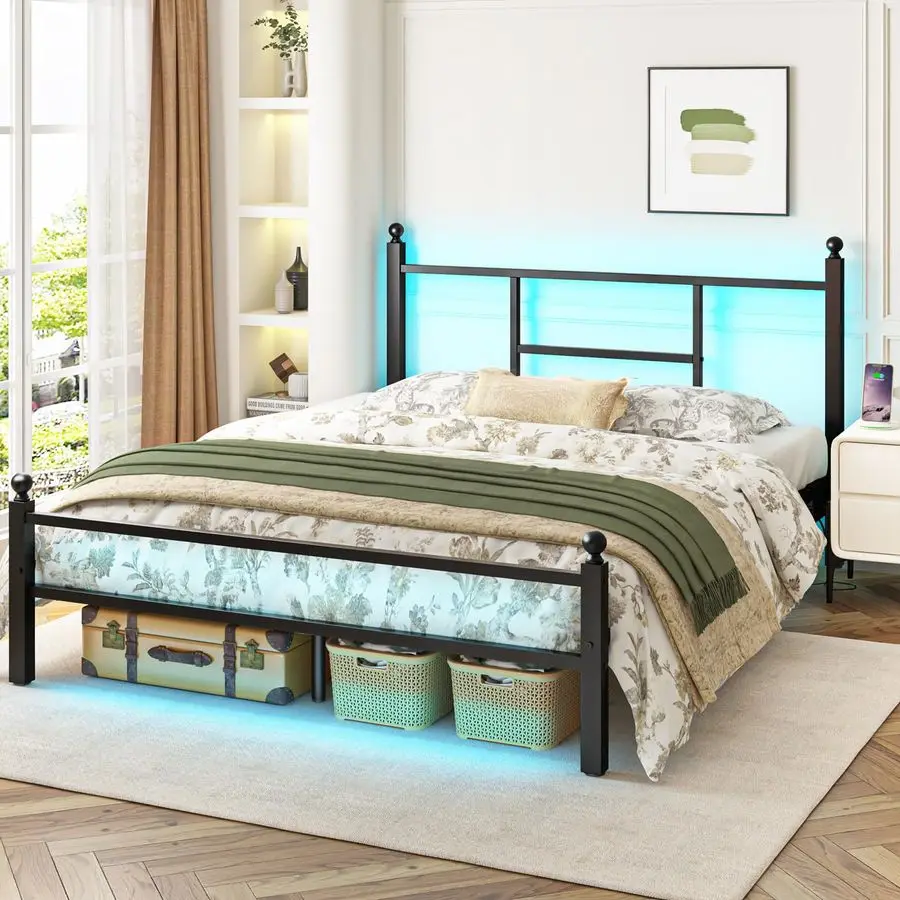 

Full Size Bed Frame with Charging Station, Metal Bed Frame with Port and Outlet