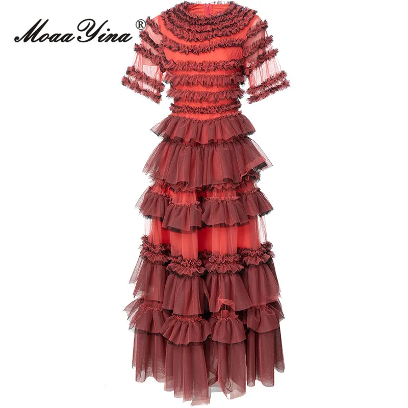 

MoaaYina Autumn Fashion Runway Coral Red Vintage Mesh Dress Women O Neck Short Sleeve Ruffles High Waist Slim A-LINE Long Dress