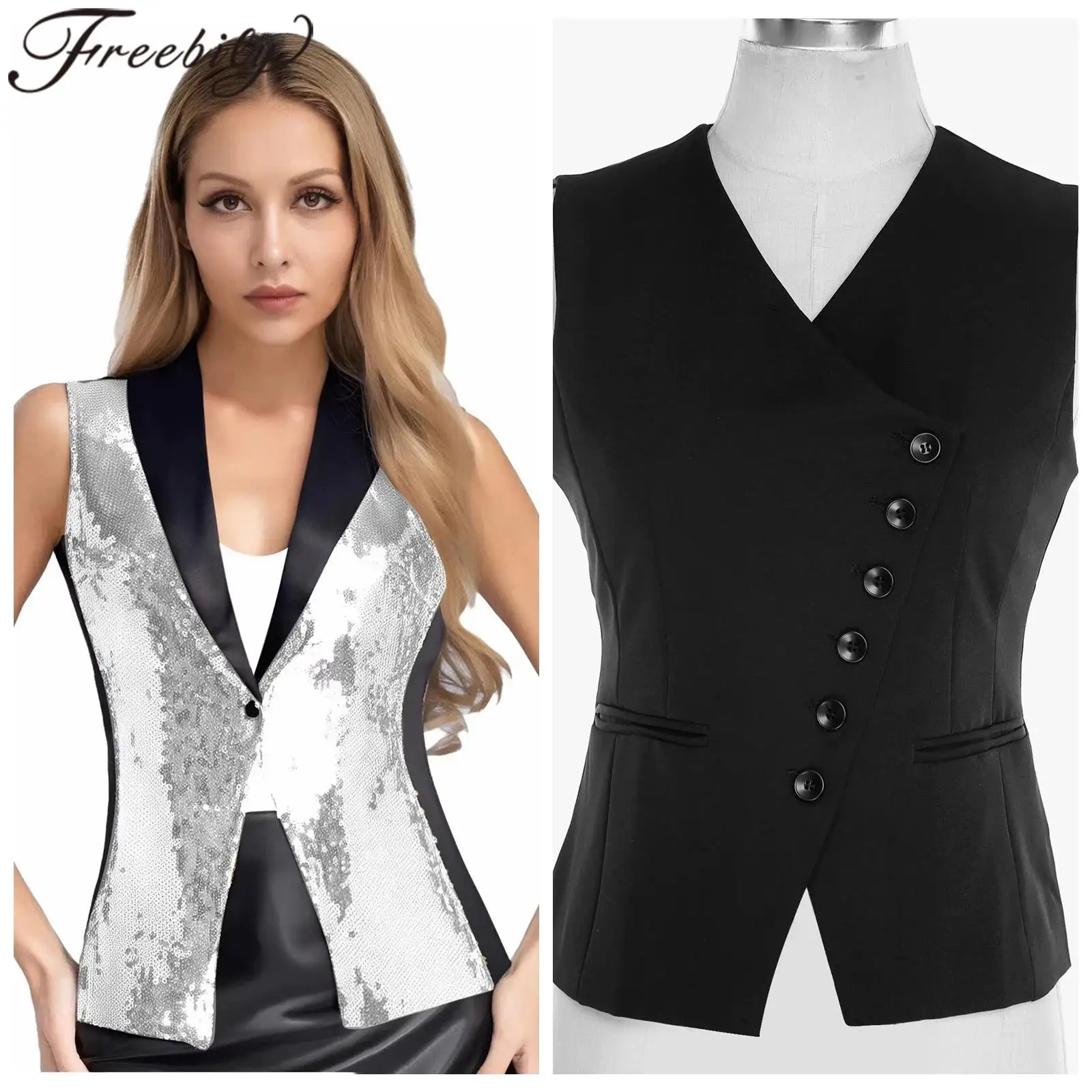 

Fashion Women's Sequin Suit Vest Hip Hop Tops Sparkly Glitter Sleeveless Waistcoat Music Festival Jazz Dance Rave Costume Mujer