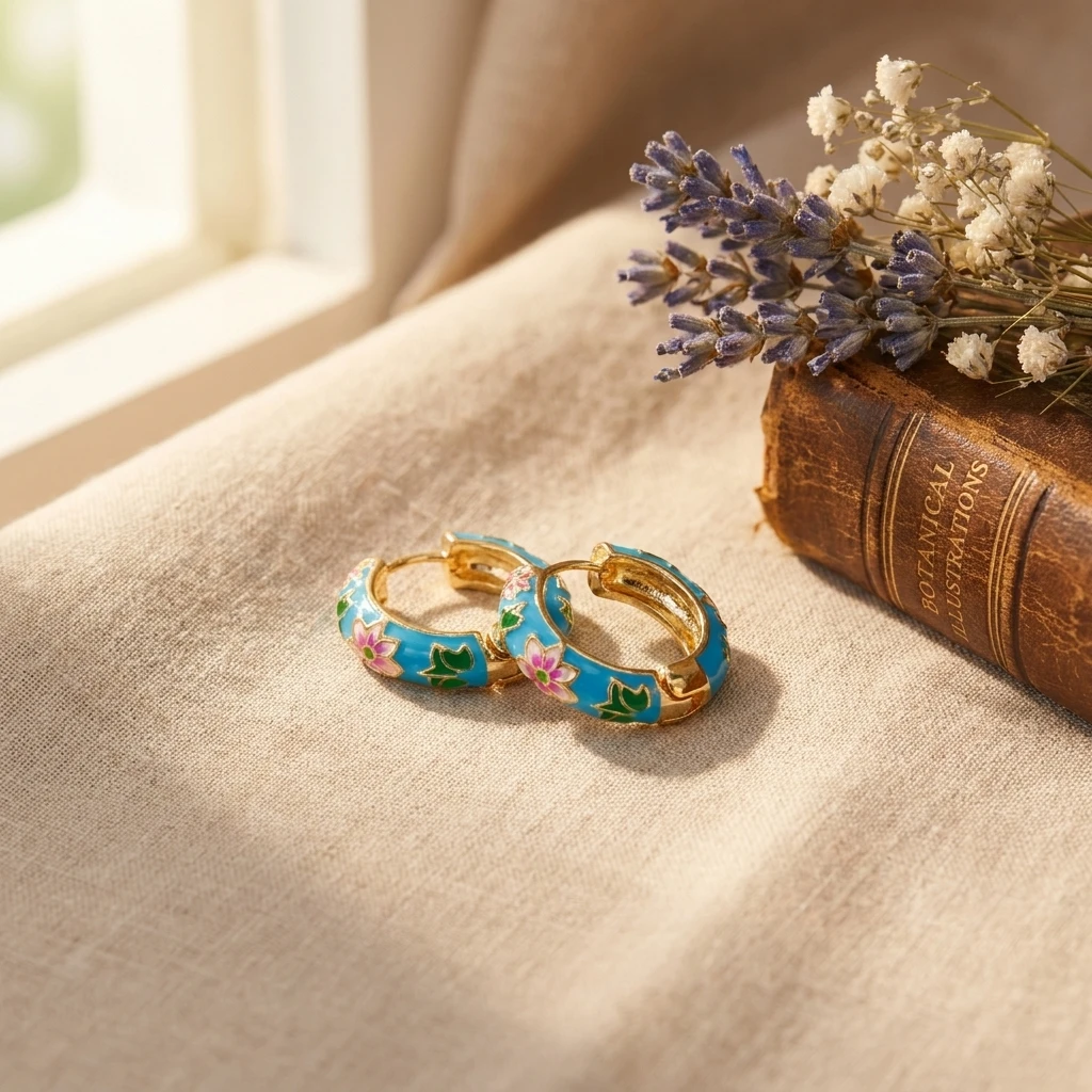 Vintage Emaille-Blumen Niedliche Huggie-Creolen für Damen, Boho Bunte Gravierte Blumen-Kreisohrringe, Trendiger Schmuck Geschenk – Detail 5
