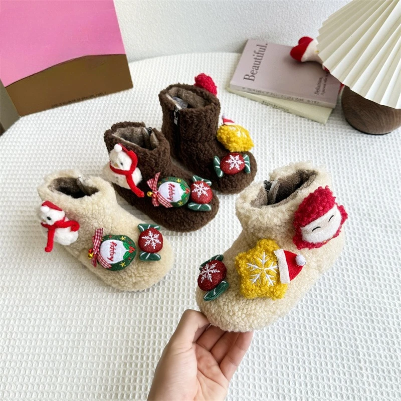 

Зимние хлопковые сапоги для девочек, новинка 2025, модные детские зимние ботинки Санта-Клауса, теплые пушистые ботильоны, универсальные детские повседневные плюшевые сапоги