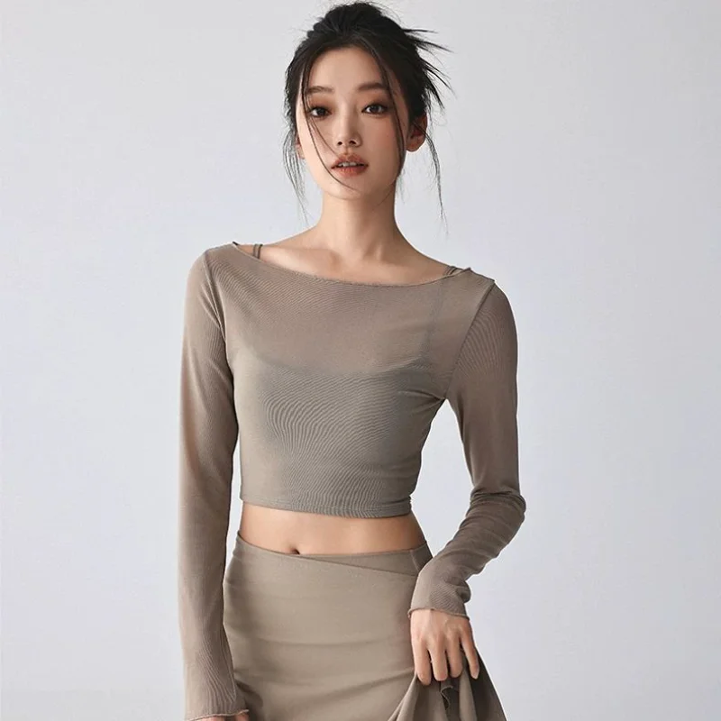 Women's Sheer Mesh Long Sleeve Yoga Top with Built-in Padded Bra Fake Two Piece Crop Top Slim Fit Sports Fitness T-shirt