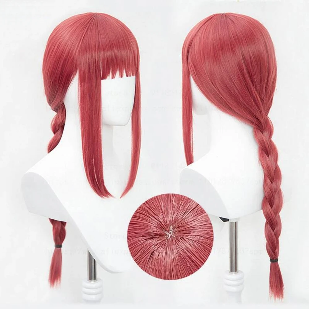 High Quality Makima Anime Chainsaw Man Cosplay Long Coral Pink Braided Heat Resistant Hair Role Play Wigs + Wig Cap