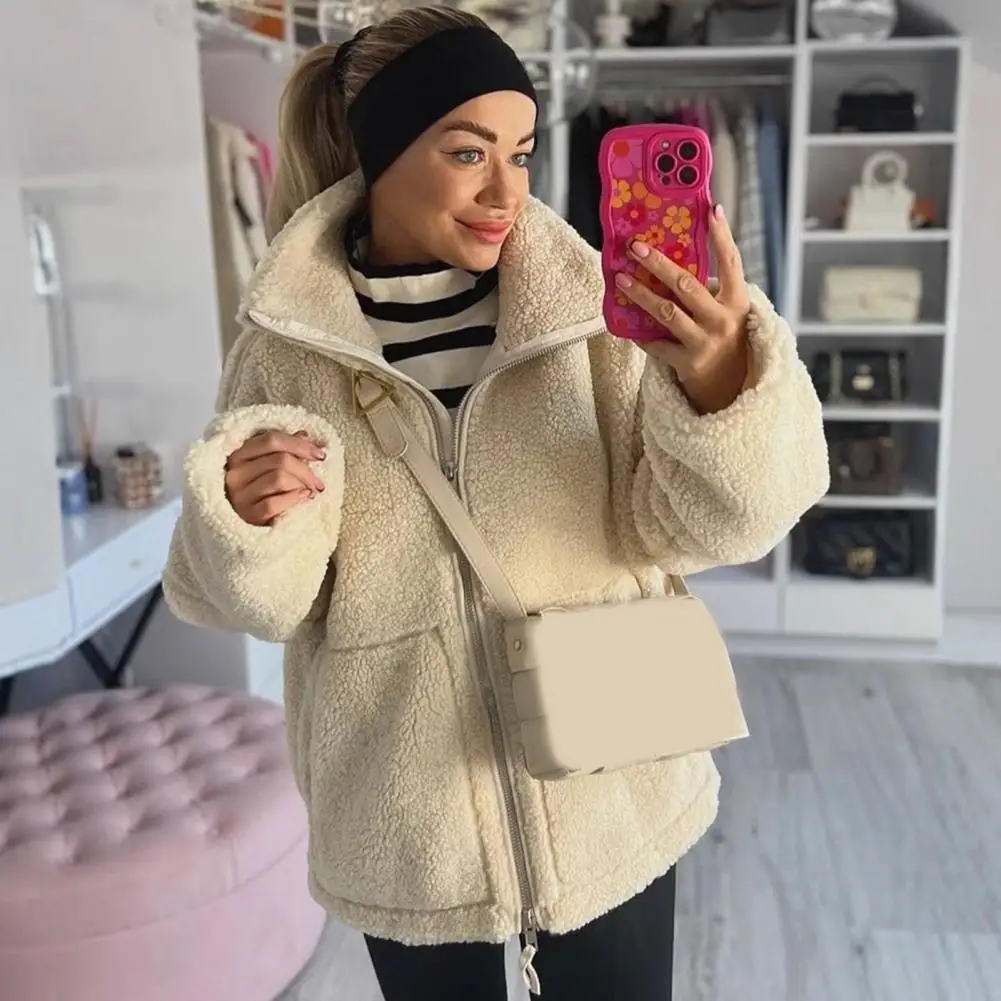 Women Warm Winter Coat Women Woolen Coat Stylish Women's Winter Woolen Coat with Turn-down Collar Pockets Zipper for School