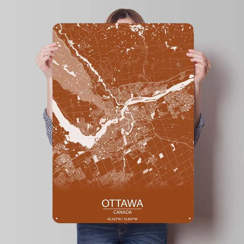 Ottawa Ontario Brown Map Metal Poster Coffee Bar Metal Tin Sign Plaque for Wall Art Decoration Retro Wall Decor Living Room Home