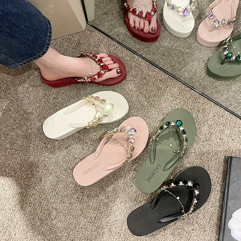Shining Dazzling Diamond Chain High Heels Fashionable Personalized Comfortable Eva Beach Shoes 5Cm Heel Women's Sandals