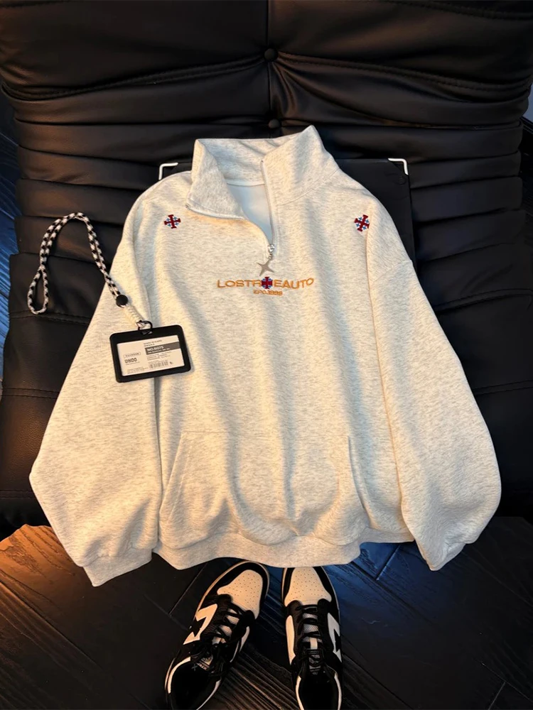 

Gray Zipperless Hoodie Men's Spring Fashion Shirt Couple's Lazy Style Outerwear Embroidered Stand Collar Long Sleeve