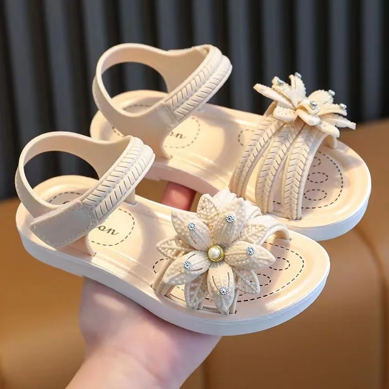 Trendy Cute Solid Color Flower Decor Open Toe Sandals For Girls, Breathable Lightweight Sandals For Indoor Outdoor Beach