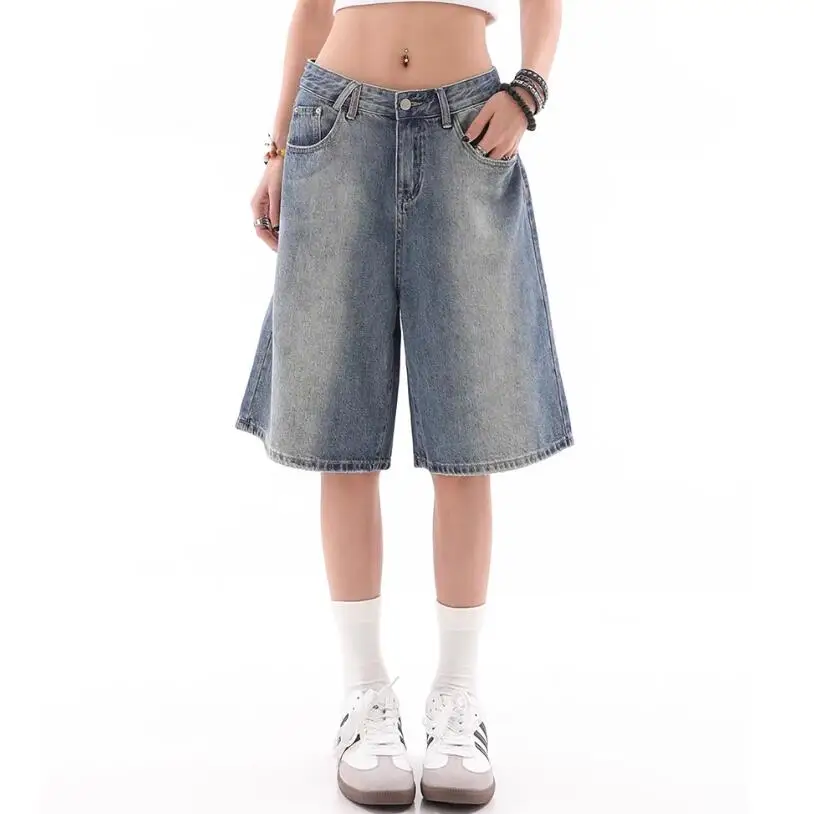 

Women's Wide Leg Gradient Retro Denim Shorts Unisex Style Capris Summer Female High Waist Loose Short Jeans 2024 p643