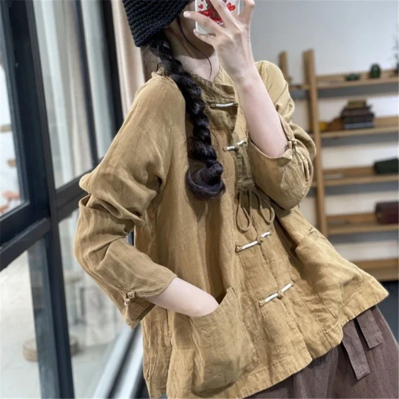 Podstawowa lniana bluzka w stylu retro damska moda Design klamra sznurowana koszula wszechstronna z długim rękawem solidny damski kardigan topy jesień