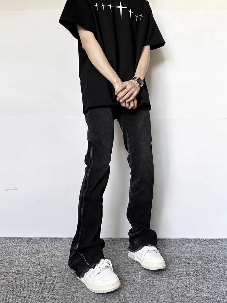 High Street Side Zipper Frayed Denim Jeans Men Women American Black Slimming Retro Vibe Micro Flared Long Trousers
