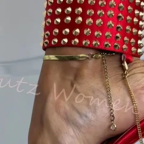 Women Satin Rivet Sandals Open Toe Stiletto Heels Embellished Wide Ankle Cuff Chain Detail Slip On Party Nightclub Footwear Sexy