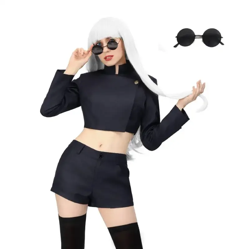 DAZCOS Gojo Satoru Female Version High School Students Costume Gojo Costume Jacket Shorts Thigh Stockings with Glasses Uniform