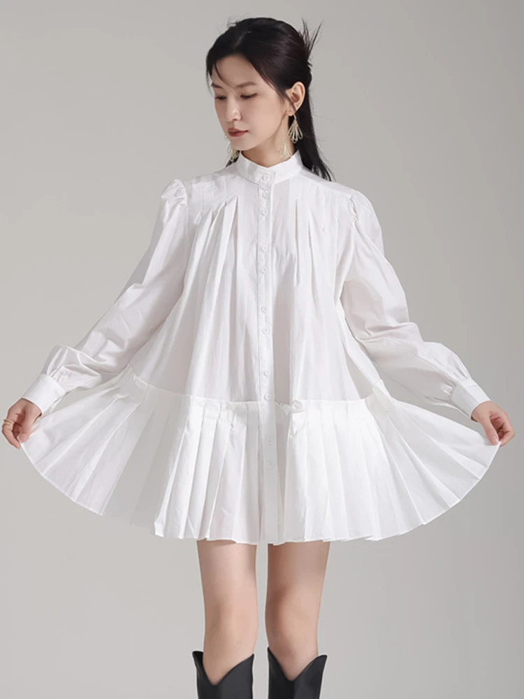 

Women Blue Pleated Hem Long Big Size Blouse New Stand Collar Long Sleeve Shirt Fashion Tide Spring Autumn