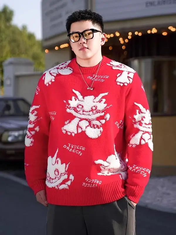 

Мужской вязаный свитер свободного кроя на зиму, красный, большие размеры, для модных образов, с эффектом многослойности