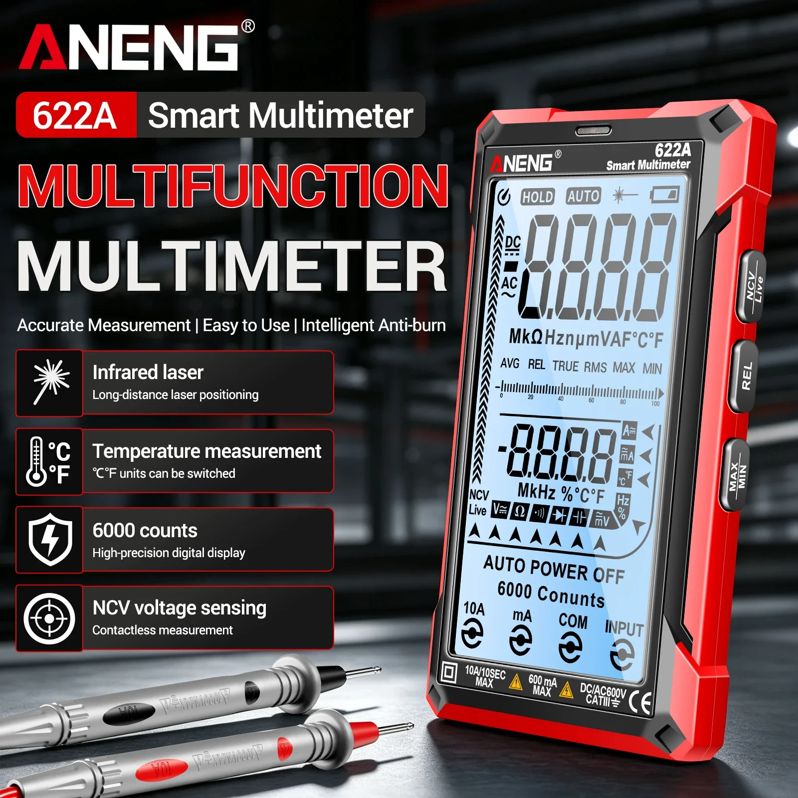 ANENG 622A Smart Multimeter 6000 Counts Infrared Laser Digital Tester with NCV True RMS Auto Range AC/DC Voltage Current Test