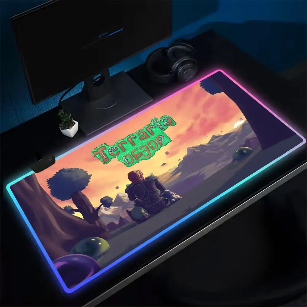 T-Terraria Gamer Mouse Pad Anime Gaming Mouse Pad LED Table Pads Backlit Rubber Desktop XXL Mousepad RGB Desk Mats