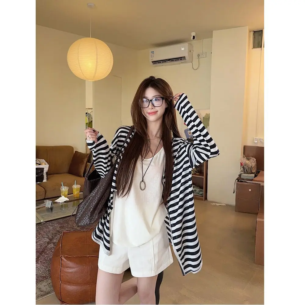 

Ladies Casual Style Striped Open Cardigan Outerwear Lightweight Spring Autumn Loose Fit Sun Protection Versatile Slimming Top