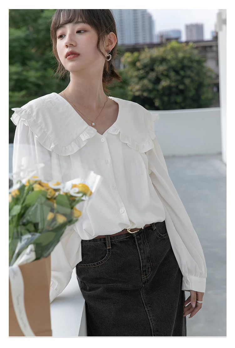 

Женская рубашка с длинным рукавом и воротником «Питер Пэн» в нежном стиле, белая, свободного кроя, с пуговицами, из полиэстера, повседневная, модная