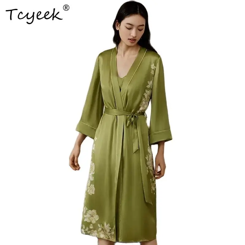 

Tcyeek, 100%Mulberry Silk Elegant Nightrobe, Women Long Sleeve Printed, Soft Sweet Pajama Dress, 2024 Summer Autumn P48307QC