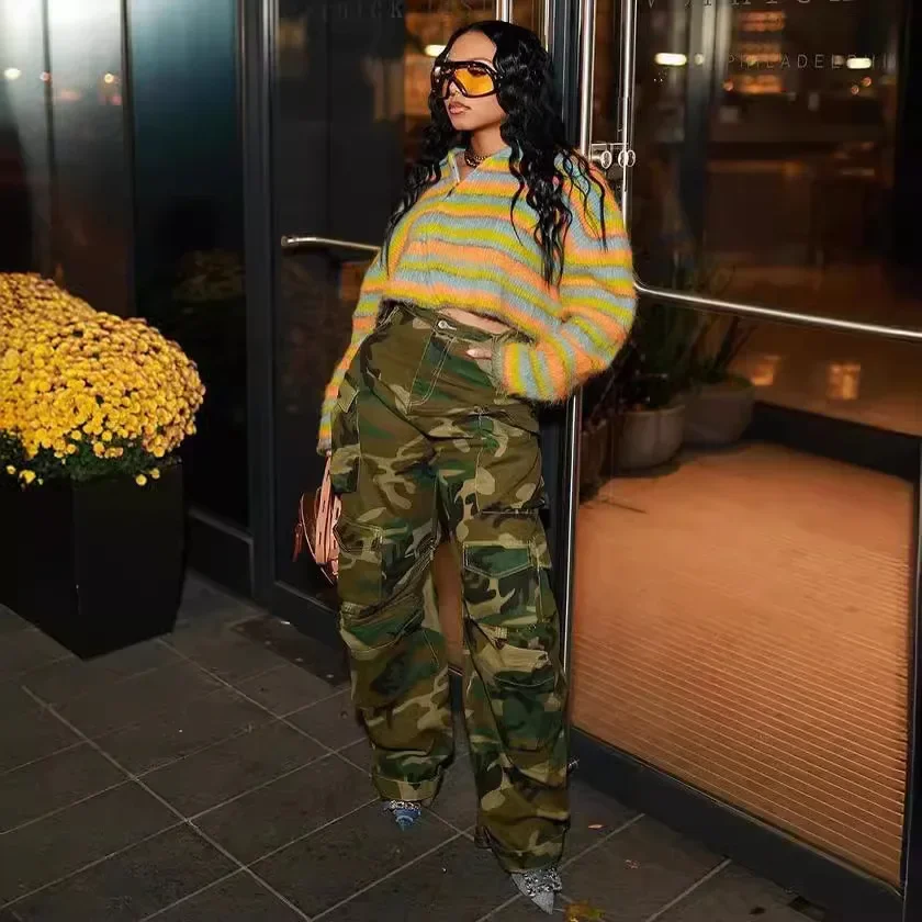 Ropa de calle, pantalones vaqueros informales de camuflaje para mujer, pantalones holgados rectos de pierna ancha, pantalones Cargo con múltiples bolsillos de cintura alta, pantalones de otoño