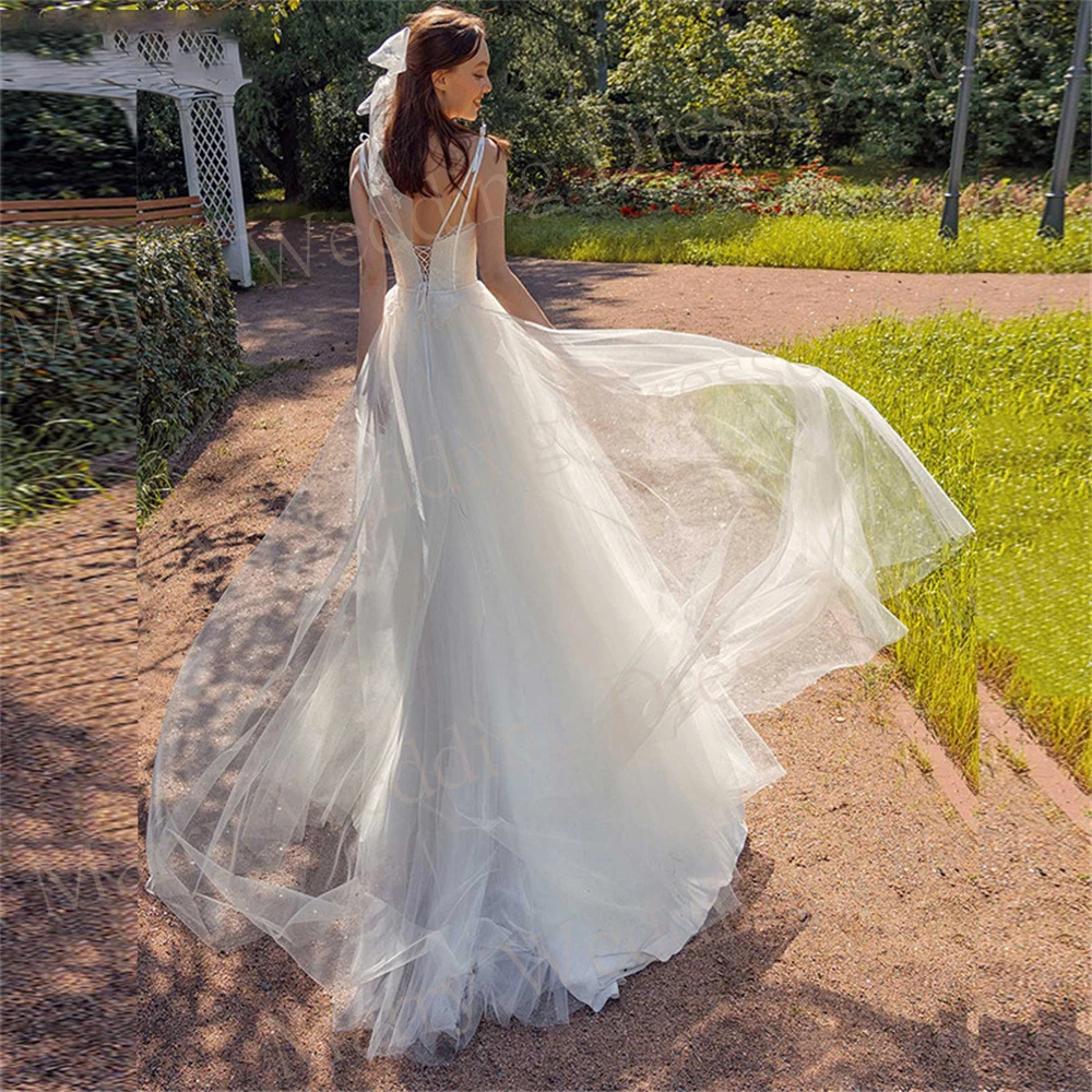 Vestido De Novia De tul sin mangas con apliques, traje bohemio romántico con tirantes finos y cordones en la espalda