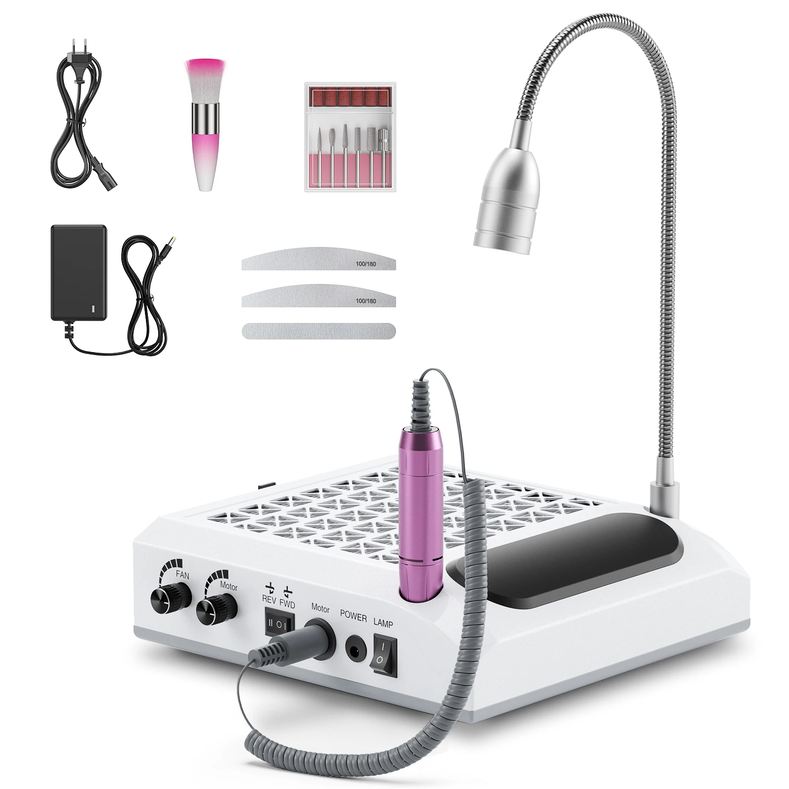 4-in-1 nail art stofzuiger, polijstmachine, verlichting, 4-in-1 Japanse stijl nieuwe krachtige nail art machine (wit, roze)