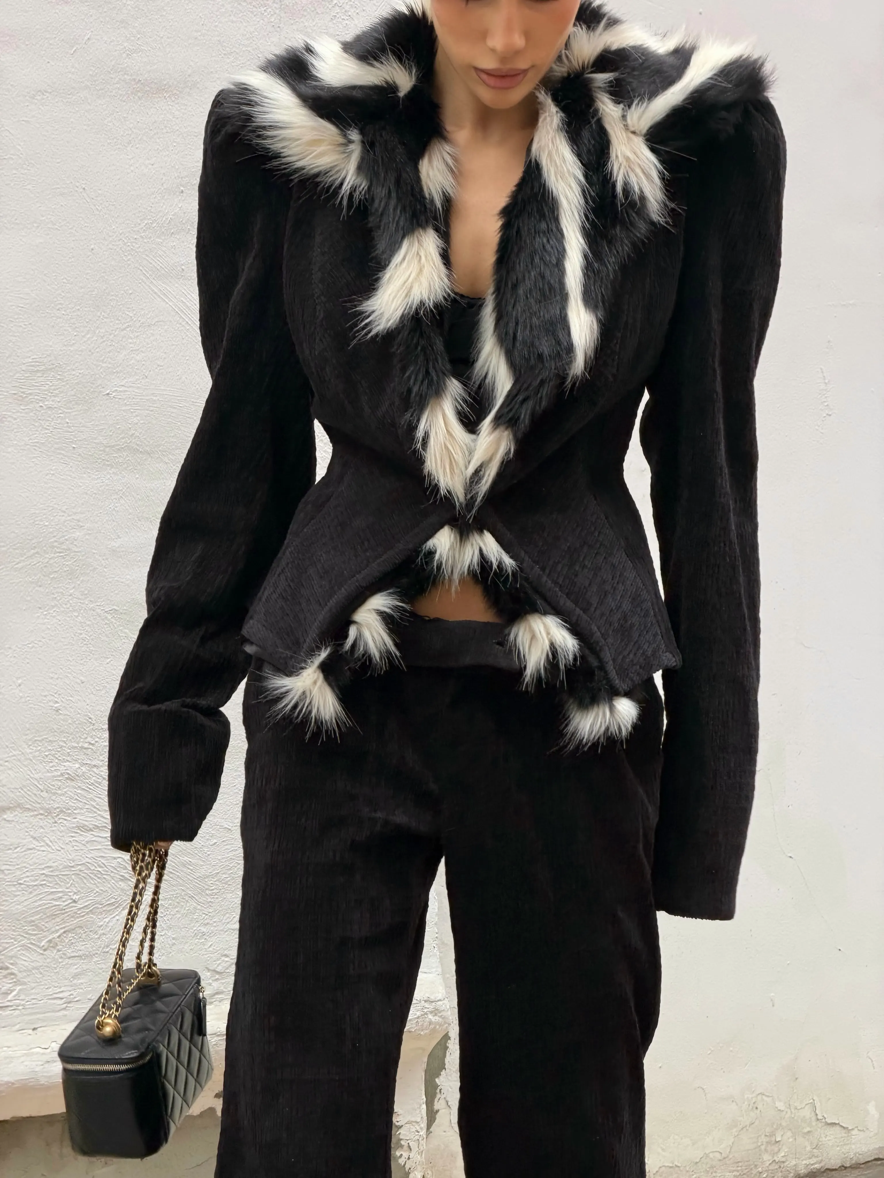 Laur 2026 Women 2 Piece Outfit Corduroy Slim Jacket Wide Leg Pants Set Faux Fur Trim Long Sleeve Autumn Winter Matching Suit