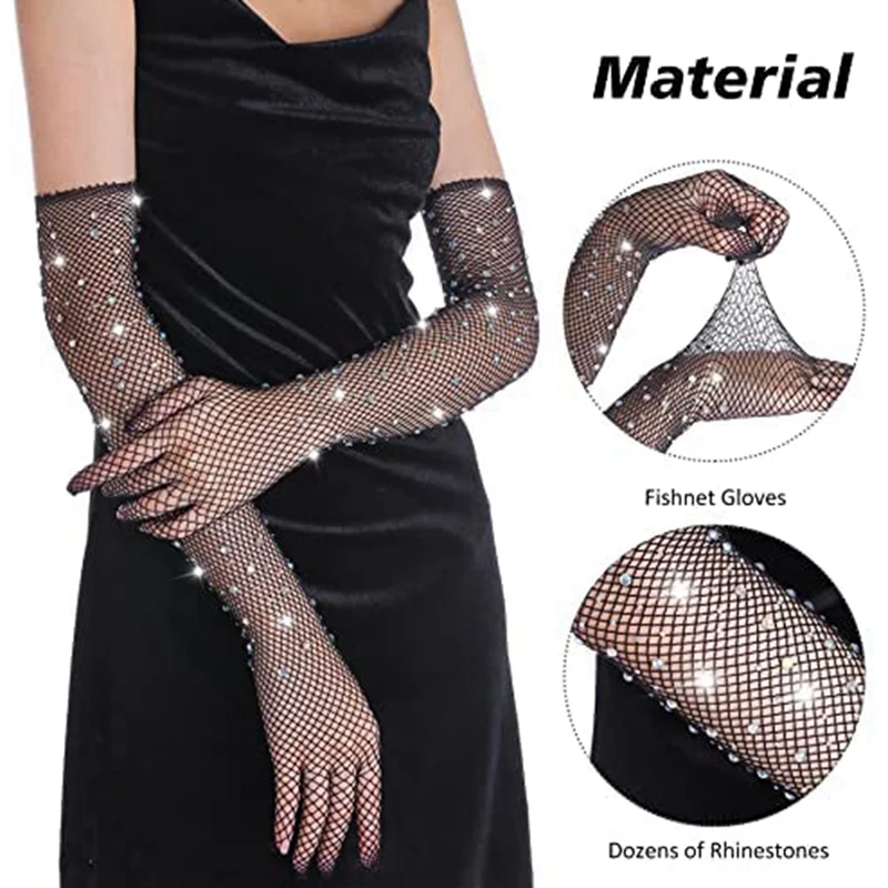 2 Pairs Women Fishnet Long Gloves With Rhinestone Mesh Arm Sleeve Sparkly Glitter Fashion Opera Gloves Accessories