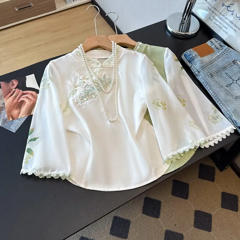 Kemeja wanita sifon, atasan blus bordir gaya China, pakaian Vintage motif bunga musim semi/musim panas untuk perempuan