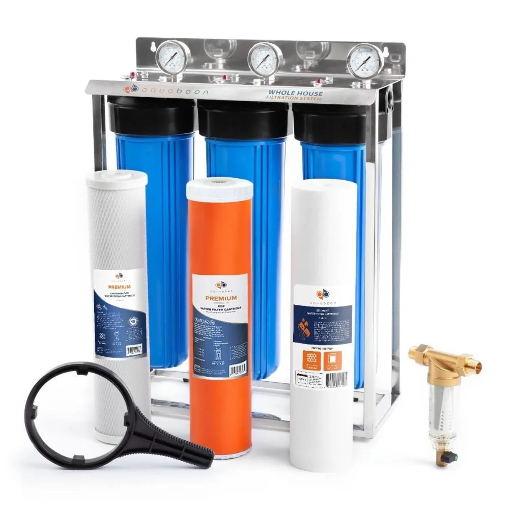 

3-Stage Whole House Water Filter System 20x4.5 inch with Prefilter & KDF, Sediment, Carbon Filters, Gauge & Release, Wrench