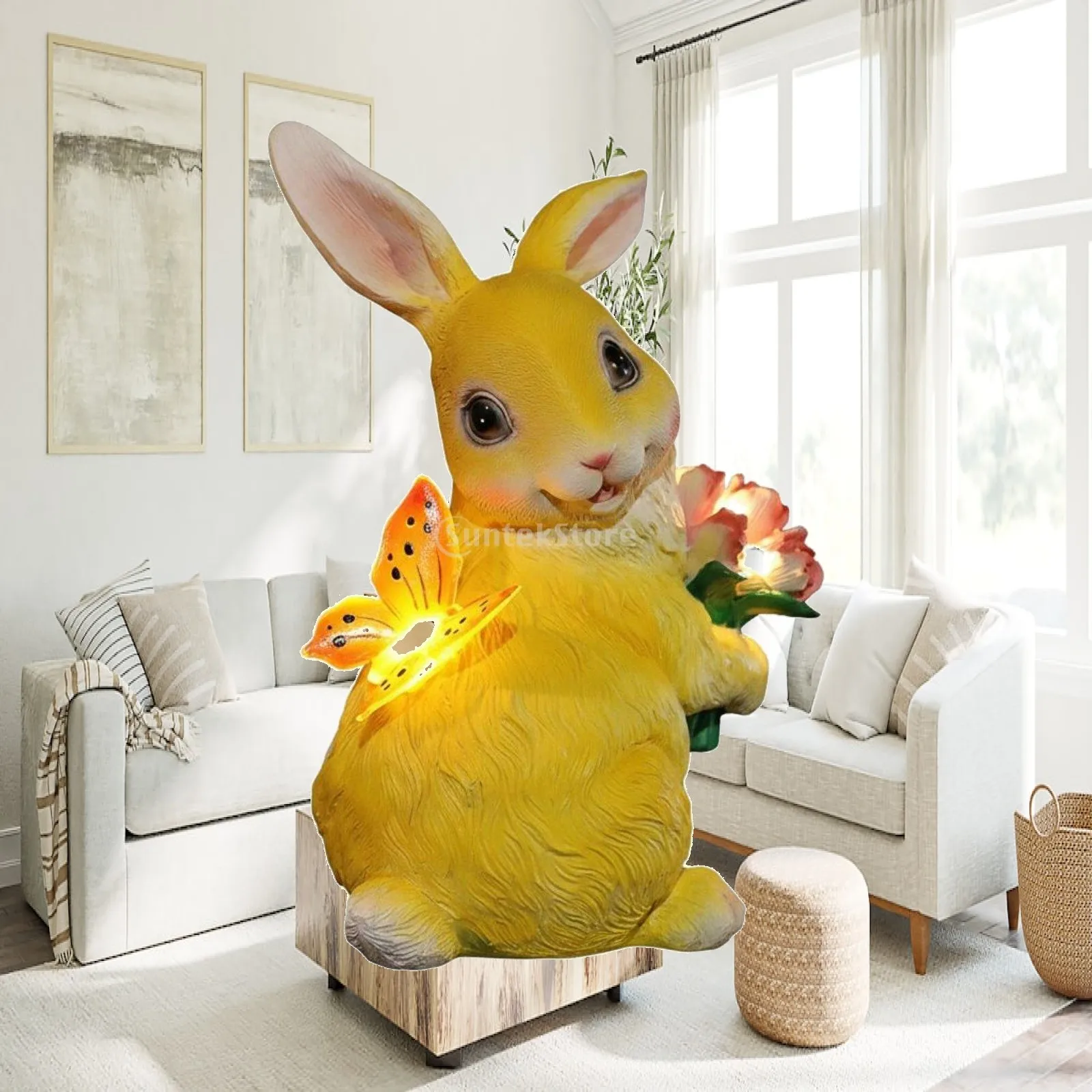 Resin Solar Garden Rabbit Statue with Flower Bouquet Butterfly for Outdoor Patio Walkway Decorative Accent