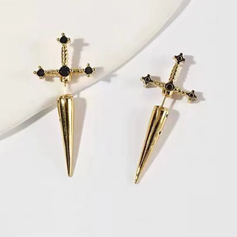 Gothic Kinitial Sword Earrings Vintage Punk Crystal Ear Jacket Goth Stud Earrings Jewelry Gift For Women Girls Ear Studs