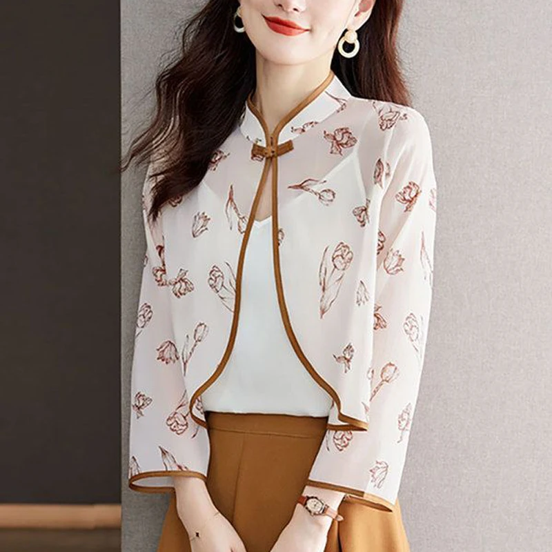 2024 Summer Women Vintage Chinese Style Cardigan Shirt Fashion Print Chiffon Sunscreen Shawl Elegant Chic Long Sleeve Loose Tops