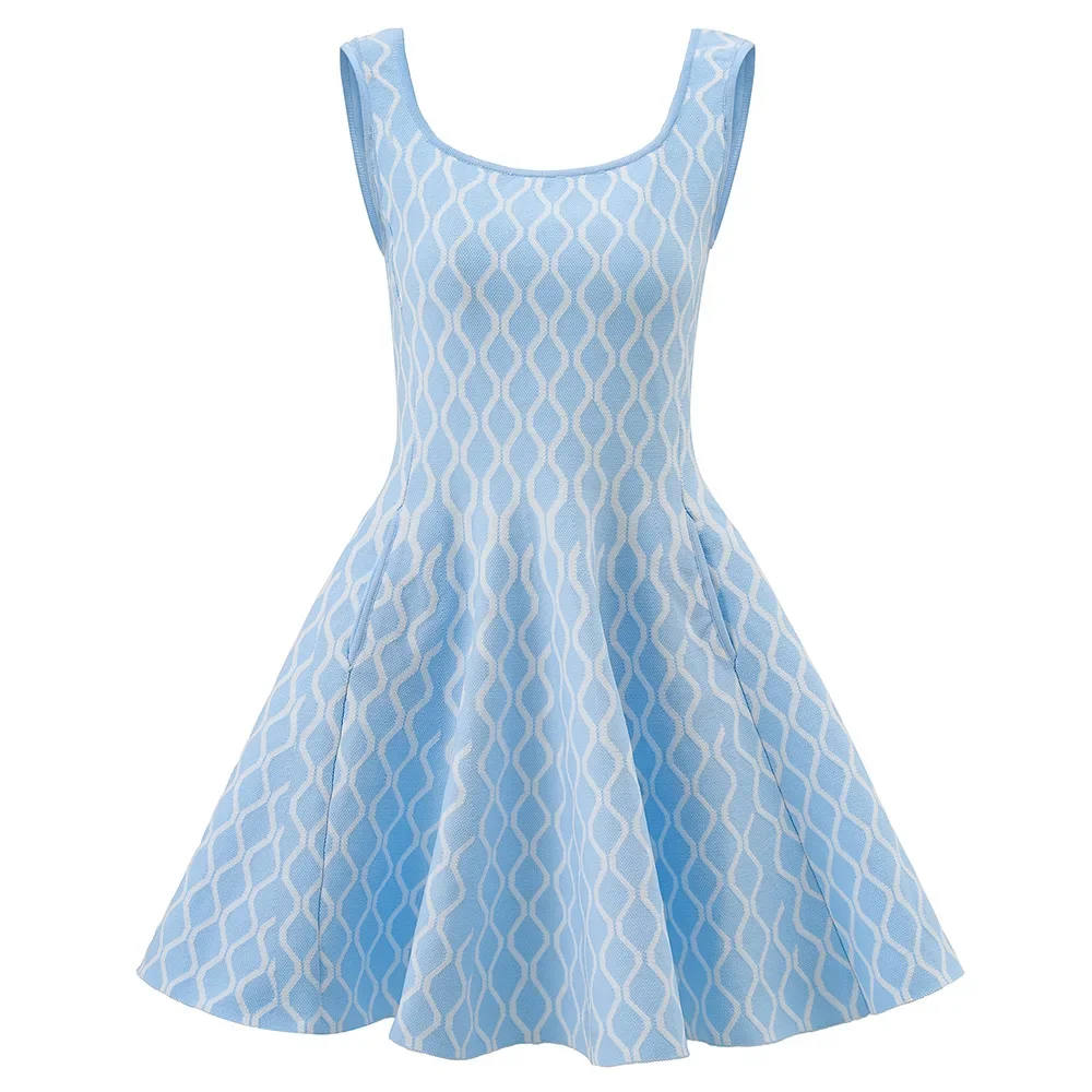 فستان جاكار عالي الخصر بتصميم جديد لربيع وصيف 2025 أنيق برقبة مربعة بدون أكمام فستان محبوك على الموضة