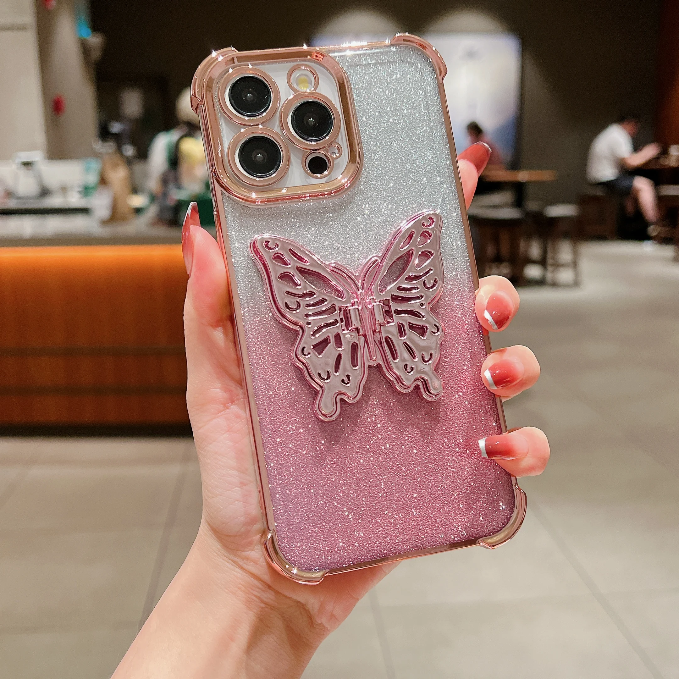 Fundas de teléfono chapadas con soporte de mariposa para IPhone, 15, 14 Pro Max, 13, 12, 11, purpurina degradada, protección a prueba de golpes, cubierta trasera