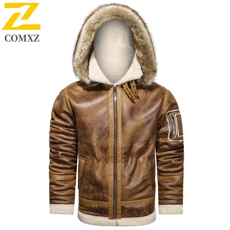 

2025 New Men Jacket Lamb Fleece Fashion Classic Retro Fleece Warm Fake Fur Collar Hooded Jacket Outdoor Leisure Motorcycle Coat