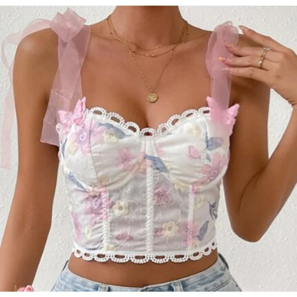 Chic Sweet Bandage Embroidery Camis French Fashion Tank Top Basic Slim Crop Top Sexy Goth Corset Bustier Summer Women Tops Ins