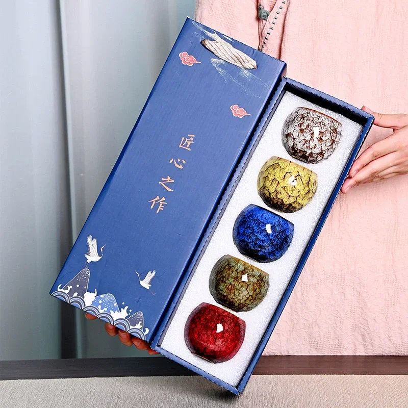 

5pcs Kiln Change Handmade China Ceramic Tea Cup 110ml Temmoku Glaze Porcelain Kung Fu Cups Set Pottery Drinkware Tableware