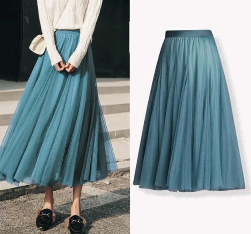 Hot Women Mesh Elastic Tutu Skirt Beach Spring Summer Korean High Waist Fashion Pleated Long Skirt Black White Tulle Skirts