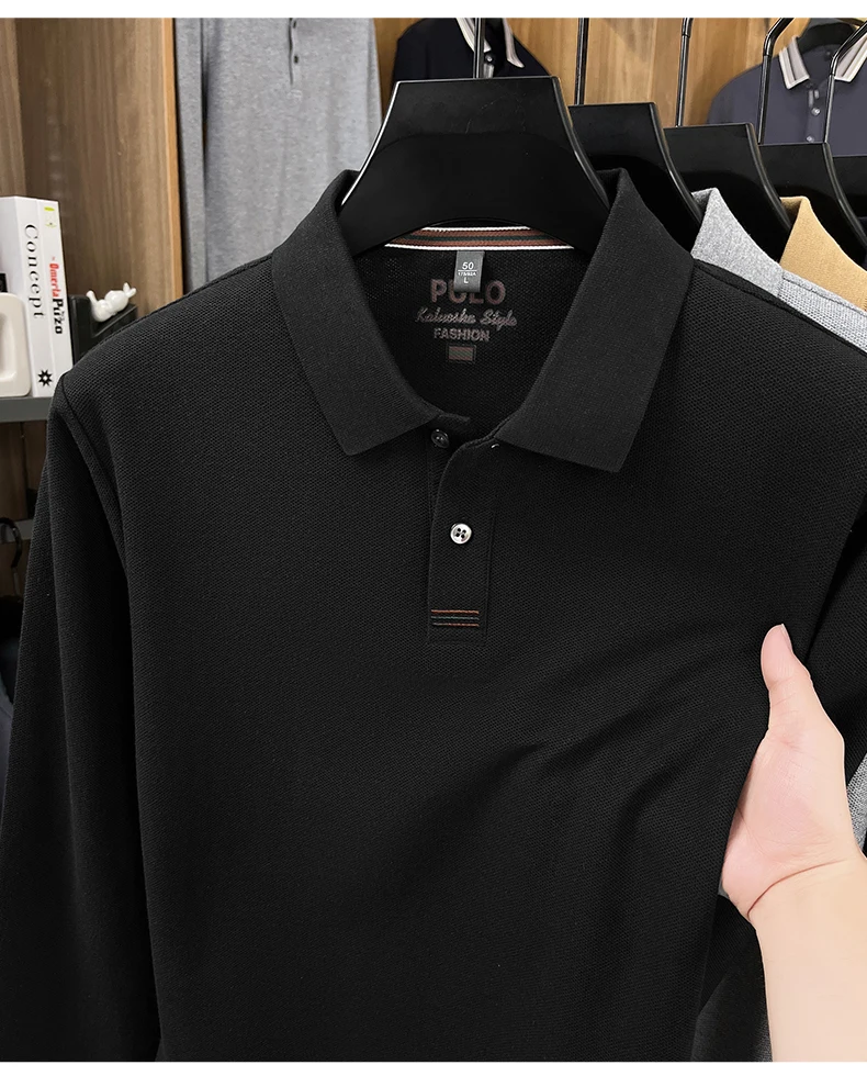 Hochwertiges Langarm-Poloshirt aus 100% Baumwolle für Herren, neue Luxus-Modemarke, Frühling/Herbst, luxuriöser Komfort, lässiges Business-T-Shirt. – Detail 12