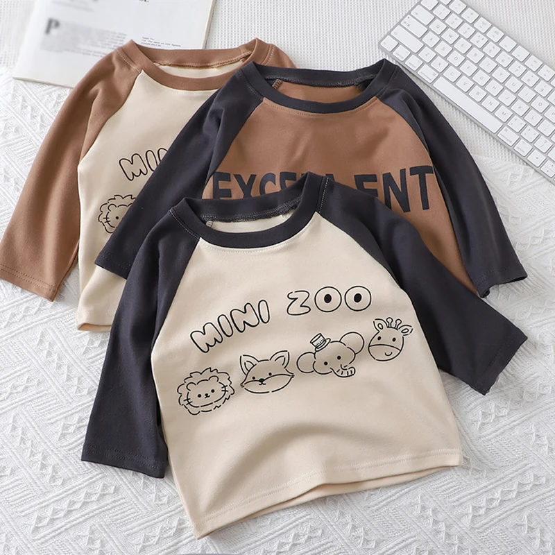 Spring Kids Long Sleeve T-Shirts Cartoon Print Casual Bottoming Shirt  Colorblocked Round Neck Outing Fashion T-Shirt 2-12Y