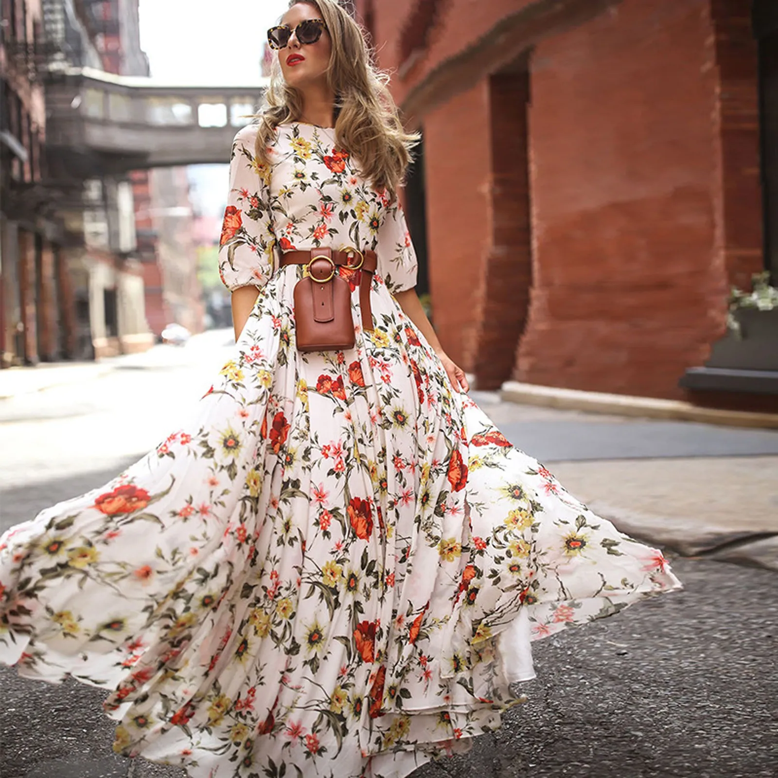 Maxivestido Vintage de gasa con estampado Floral para mujer, traje elegante de oficina con media manga y cuello redondo, a la moda, verano, 2024